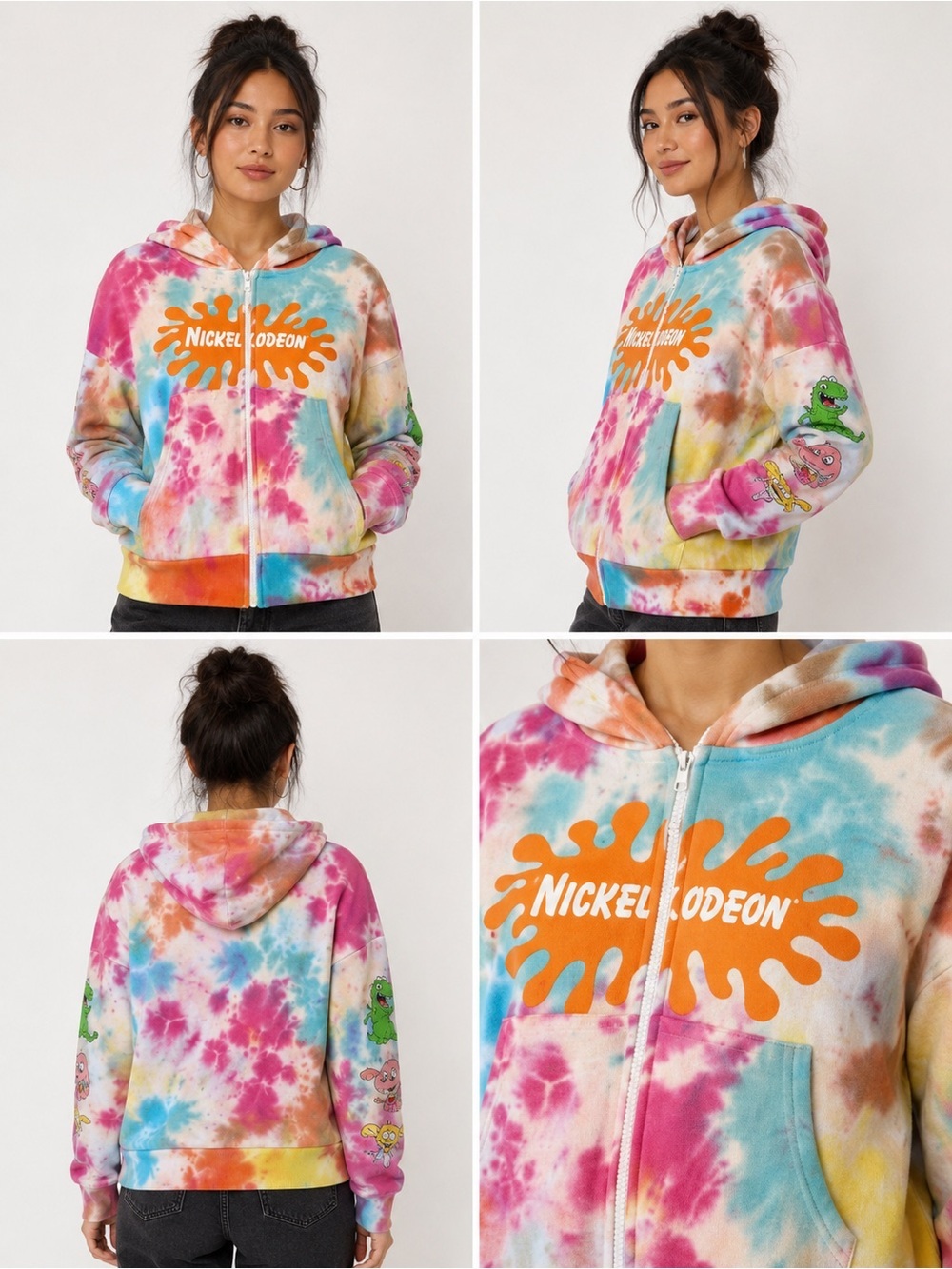 Nickelodeon Tie Dye Zip Up Hoodie Mens Medium Cartoon Graphic Y2K Splat Logo